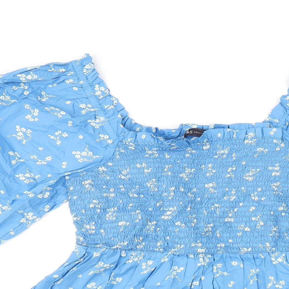 Marks and Spencer Womens Blue Floral Cotton Basic T-Shirt Size 10 Square Neck