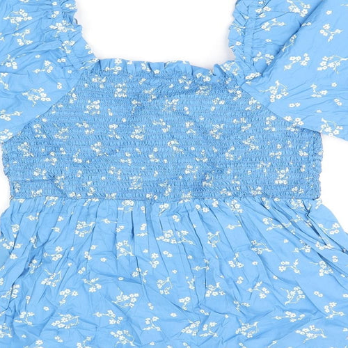 Marks and Spencer Womens Blue Floral Cotton Basic T-Shirt Size 10 Square Neck