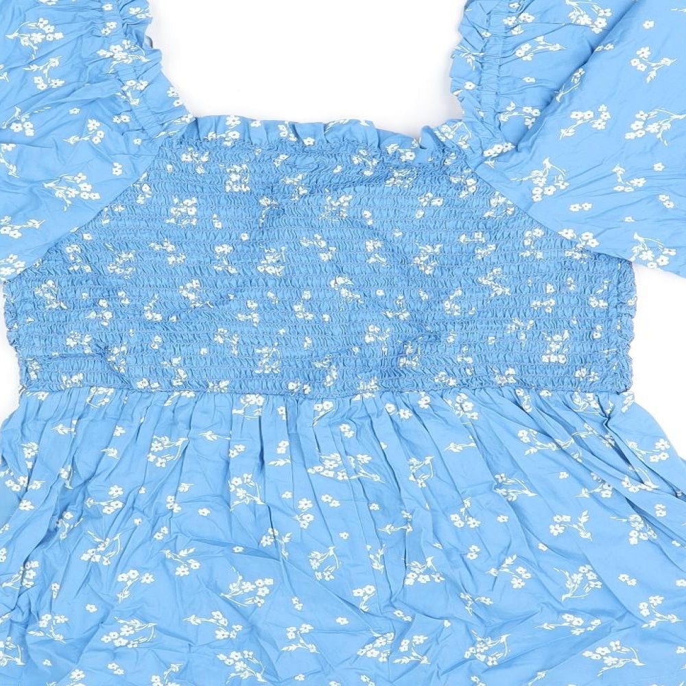 Marks and Spencer Womens Blue Floral Cotton Basic T-Shirt Size 10 Square Neck