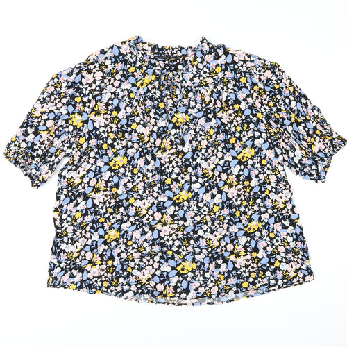 Marks and Spencer Womens Black Floral Viscose Basic T-Shirt Size 18 Round Neck