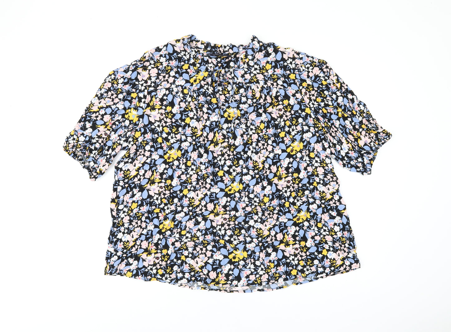 Marks and Spencer Womens Black Floral Viscose Basic T-Shirt Size 18 Round Neck