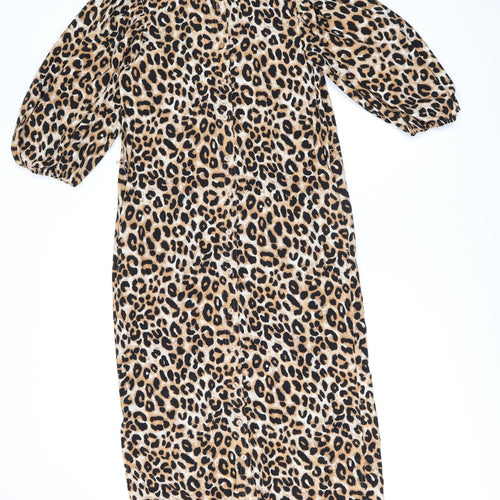 Marks and Spencer Womens Brown Animal Print Polyester Shirt Dress Size 6 Collared Button