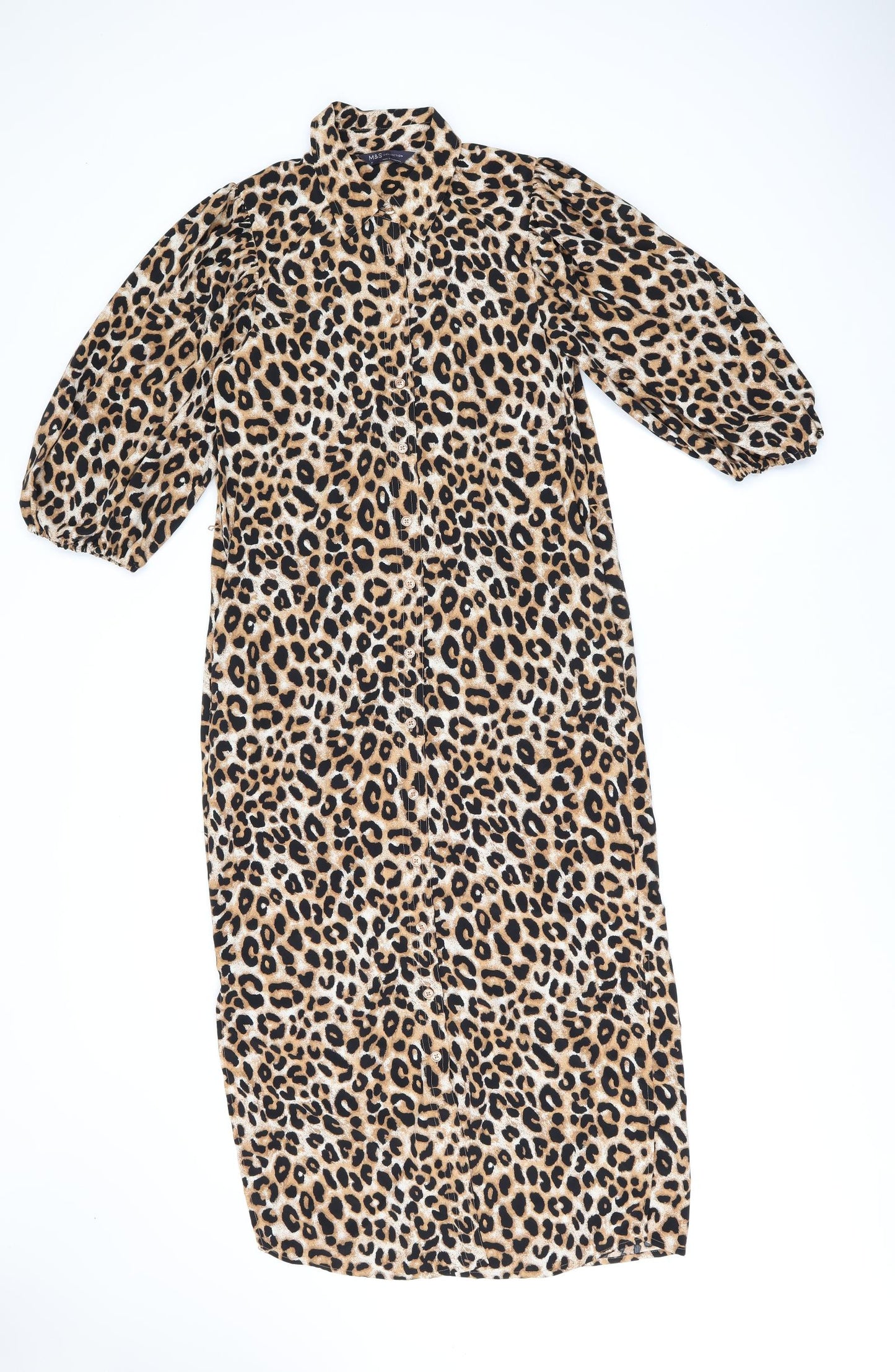 Marks and Spencer Womens Brown Animal Print Polyester Shirt Dress Size 6 Collared Button