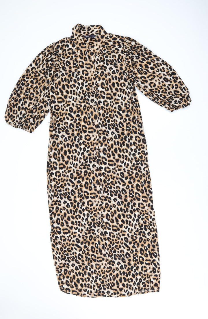 Marks and Spencer Womens Brown Animal Print Polyester Shirt Dress Size 6 Collared Button