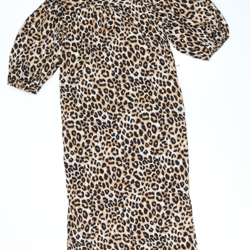 Marks and Spencer Womens Brown Animal Print Polyester Shirt Dress Size 6 Collared Button