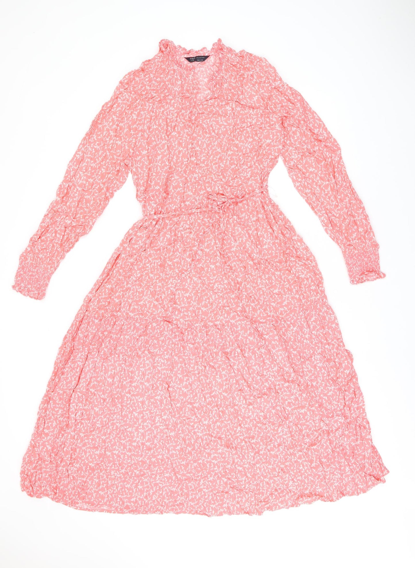 Marks and Spencer Womens Pink Floral Viscose A-Line Size 14 V-Neck Pullover