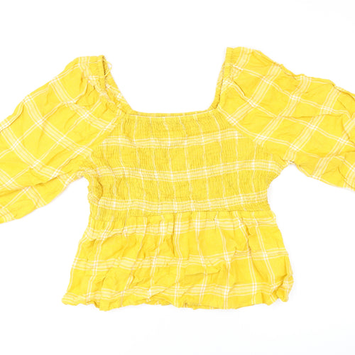 Marks and Spencer Womens Yellow Plaid Linen Basic T-Shirt Size 18 Square Neck