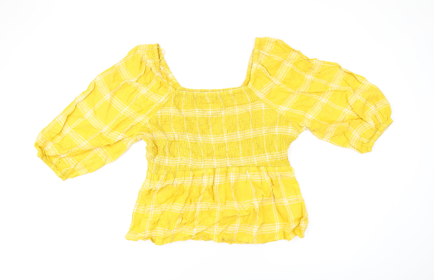Marks and Spencer Womens Yellow Plaid Linen Basic T-Shirt Size 18 Square Neck