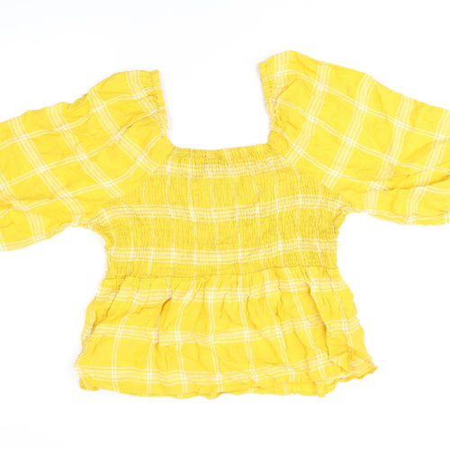 Marks and Spencer Womens Yellow Plaid Linen Basic T-Shirt Size 18 Square Neck