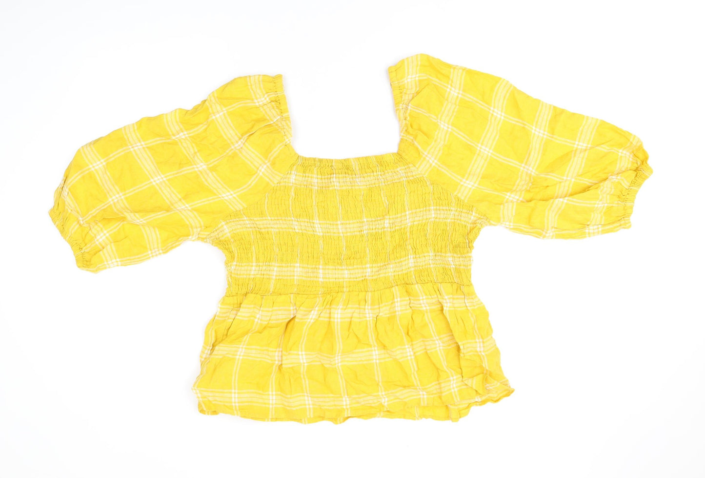 Marks and Spencer Womens Yellow Plaid Linen Basic T-Shirt Size 18 Square Neck