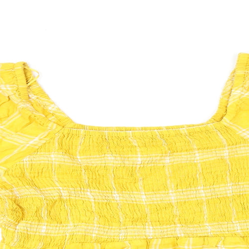 Marks and Spencer Womens Yellow Plaid Linen Basic T-Shirt Size 18 Square Neck