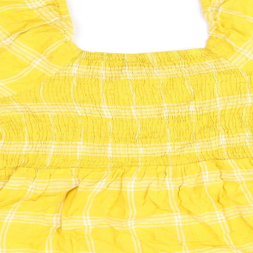 Marks and Spencer Womens Yellow Plaid Linen Basic T-Shirt Size 18 Square Neck