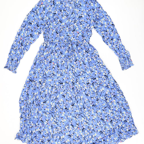 Marks and Spencer Womens Blue Floral Viscose A-Line Size 14 V-Neck Pullover