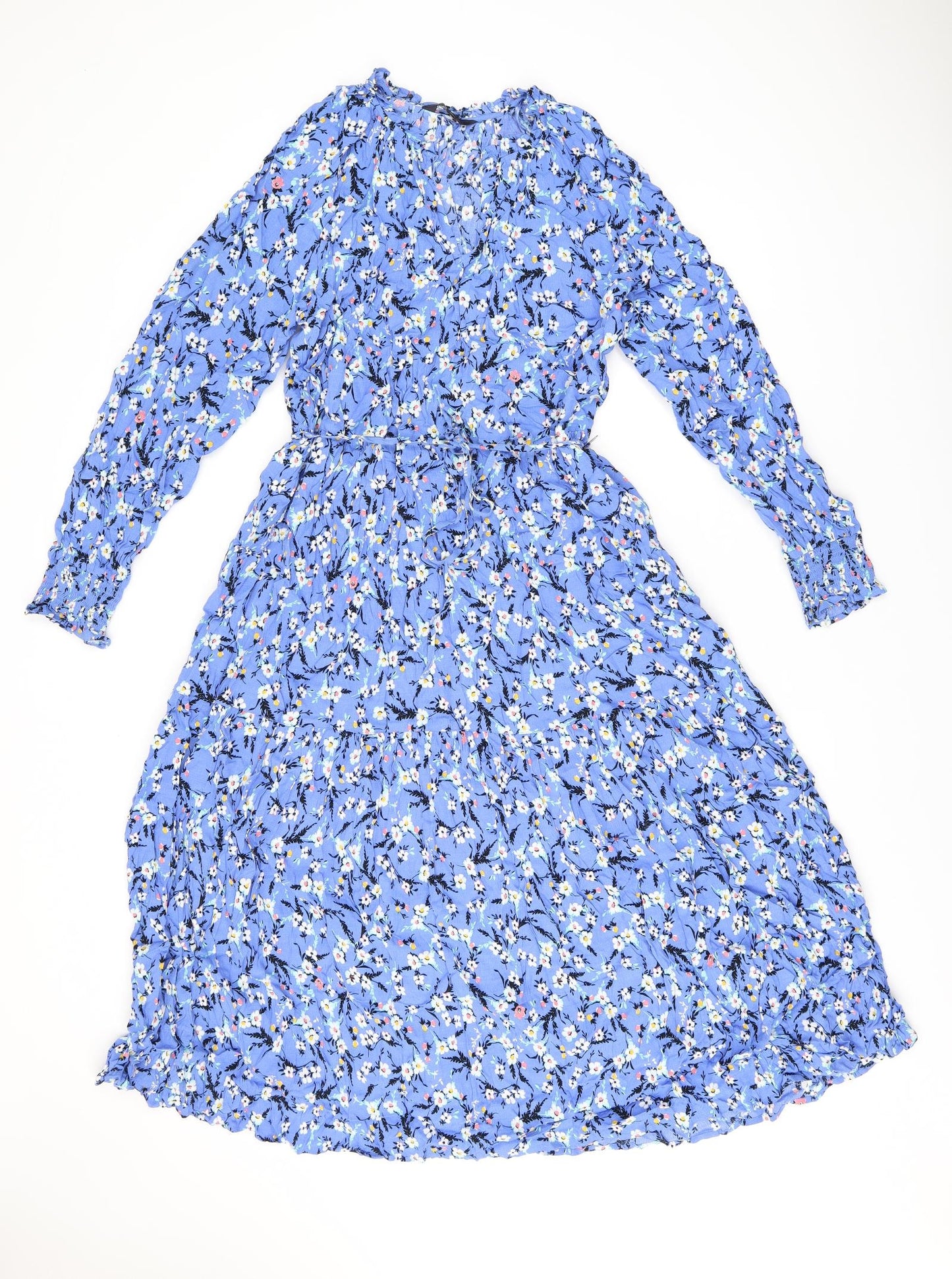 Marks and Spencer Womens Blue Floral Viscose A-Line Size 14 V-Neck Pullover