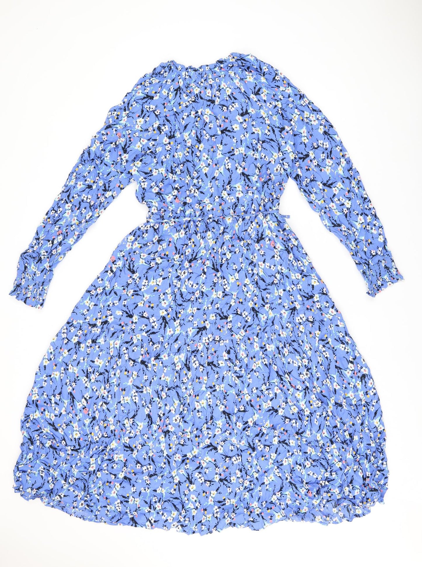 Marks and Spencer Womens Blue Floral Viscose A-Line Size 14 V-Neck Pullover