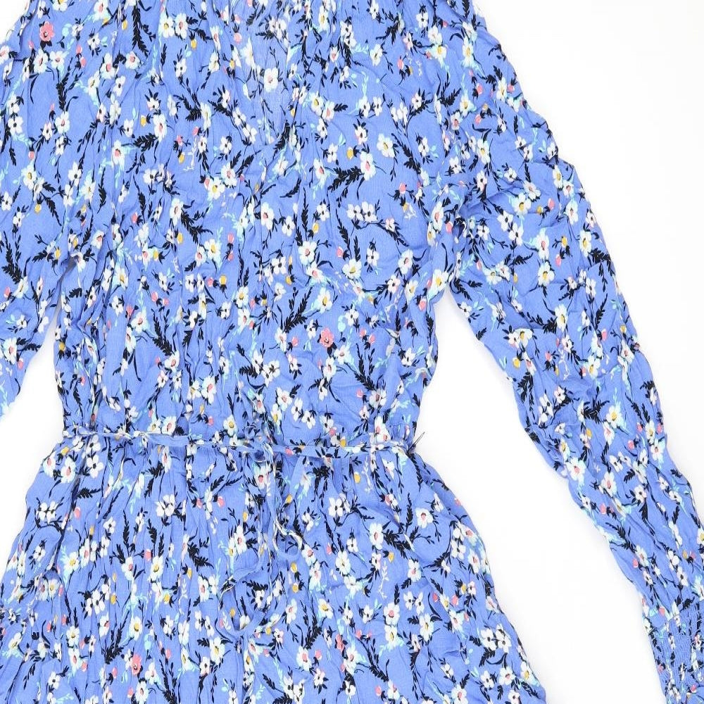 Marks and Spencer Womens Blue Floral Viscose A-Line Size 14 V-Neck Pullover