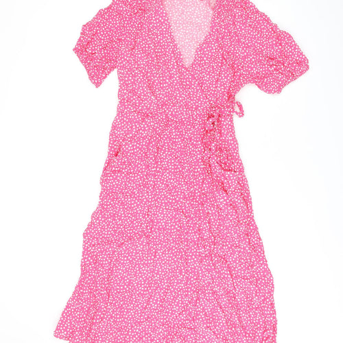 Marks and Spencer Womens Pink Geometric Viscose Wrap Dress Size 14 V-Neck Tie