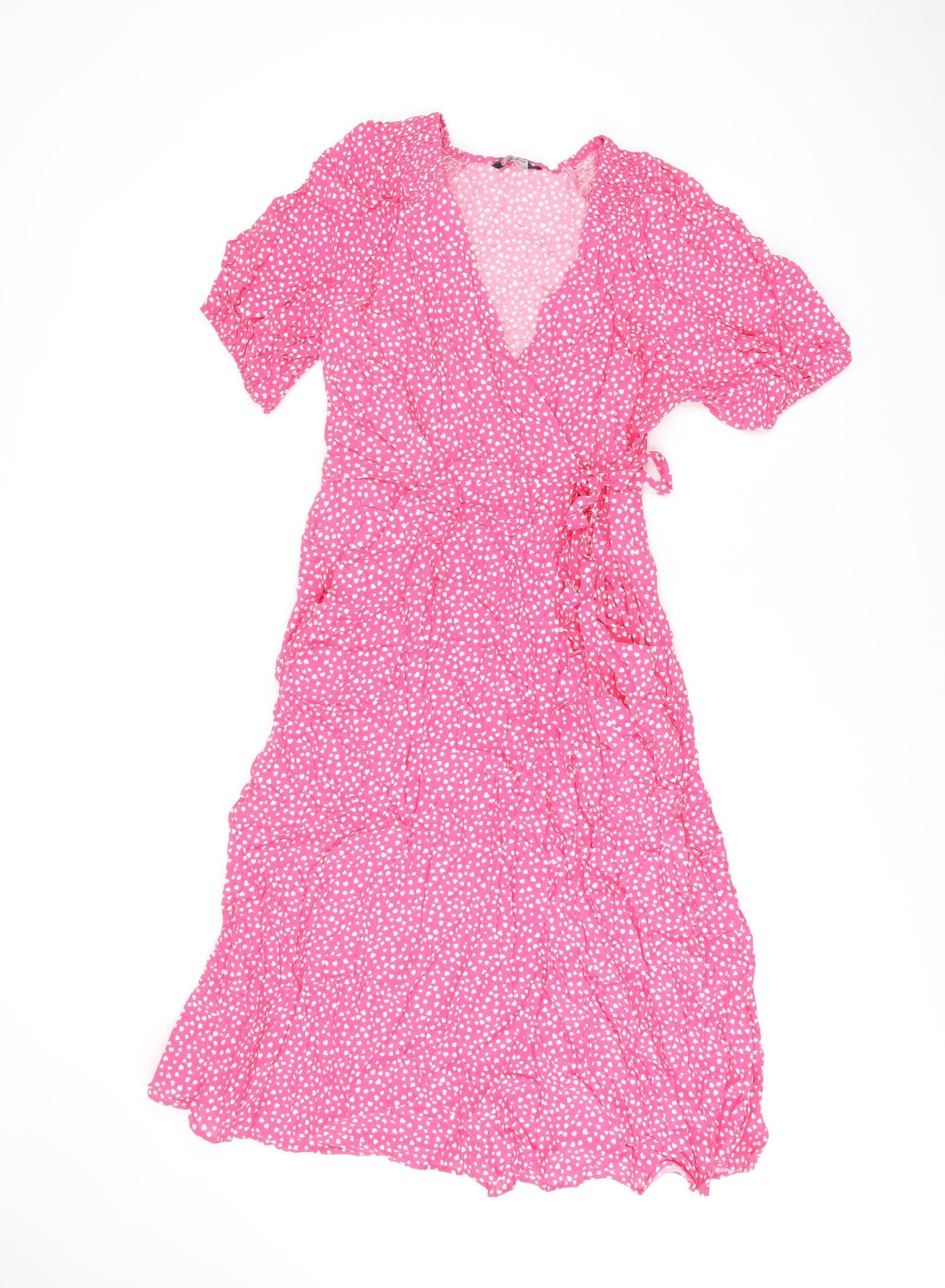 Marks and Spencer Womens Pink Geometric Viscose Wrap Dress Size 14 V-Neck Tie