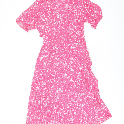 Marks and Spencer Womens Pink Geometric Viscose Wrap Dress Size 14 V-Neck Tie