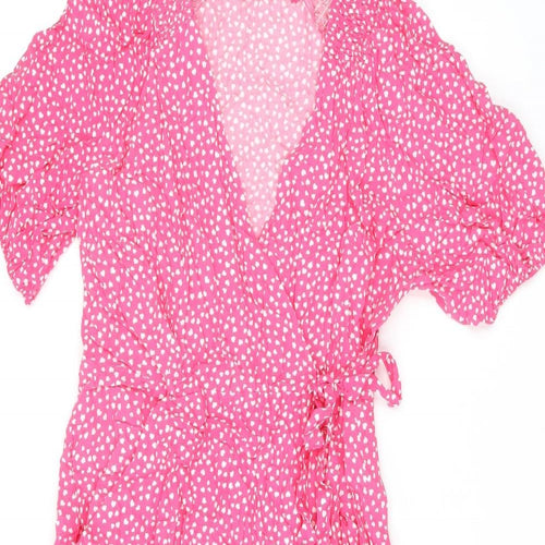 Marks and Spencer Womens Pink Geometric Viscose Wrap Dress Size 14 V-Neck Tie