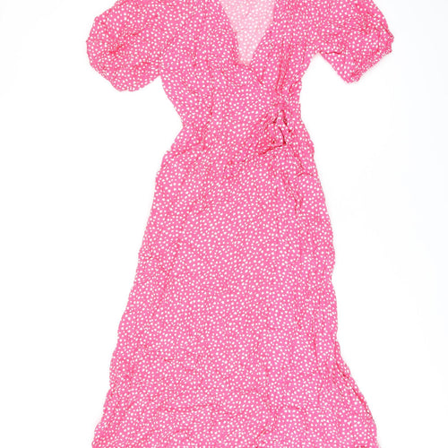 Marks and Spencer Womens Pink Geometric Viscose Wrap Dress Size 6 V-Neck Tie
