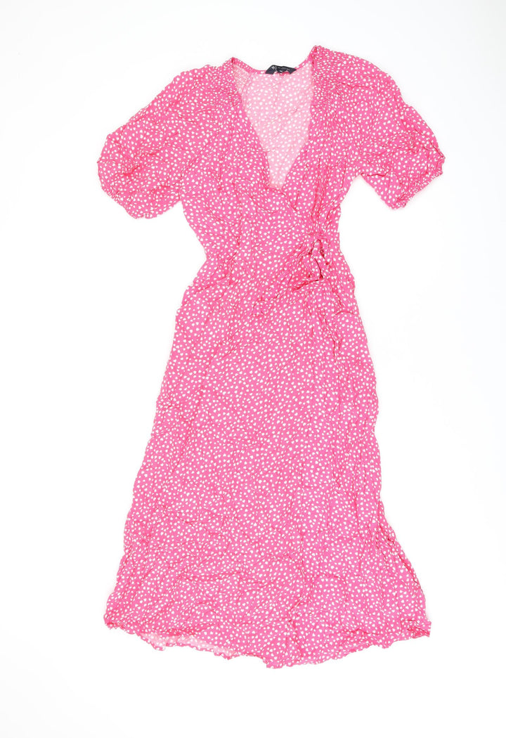 Marks and Spencer Womens Pink Geometric Viscose Wrap Dress Size 6 V-Neck Tie