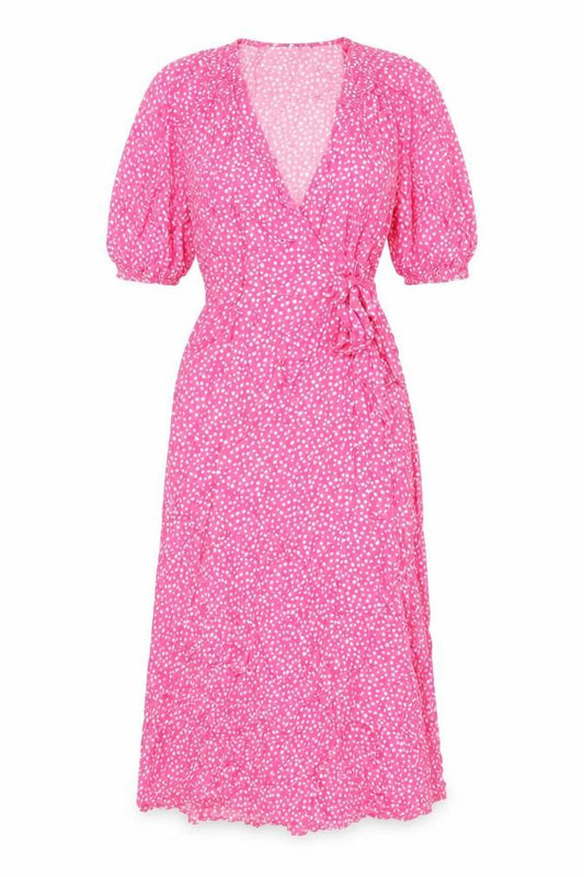 Front view of Marks & Spencer women’s pink geometric viscose wrap dress, size UK 6, v-neck tie