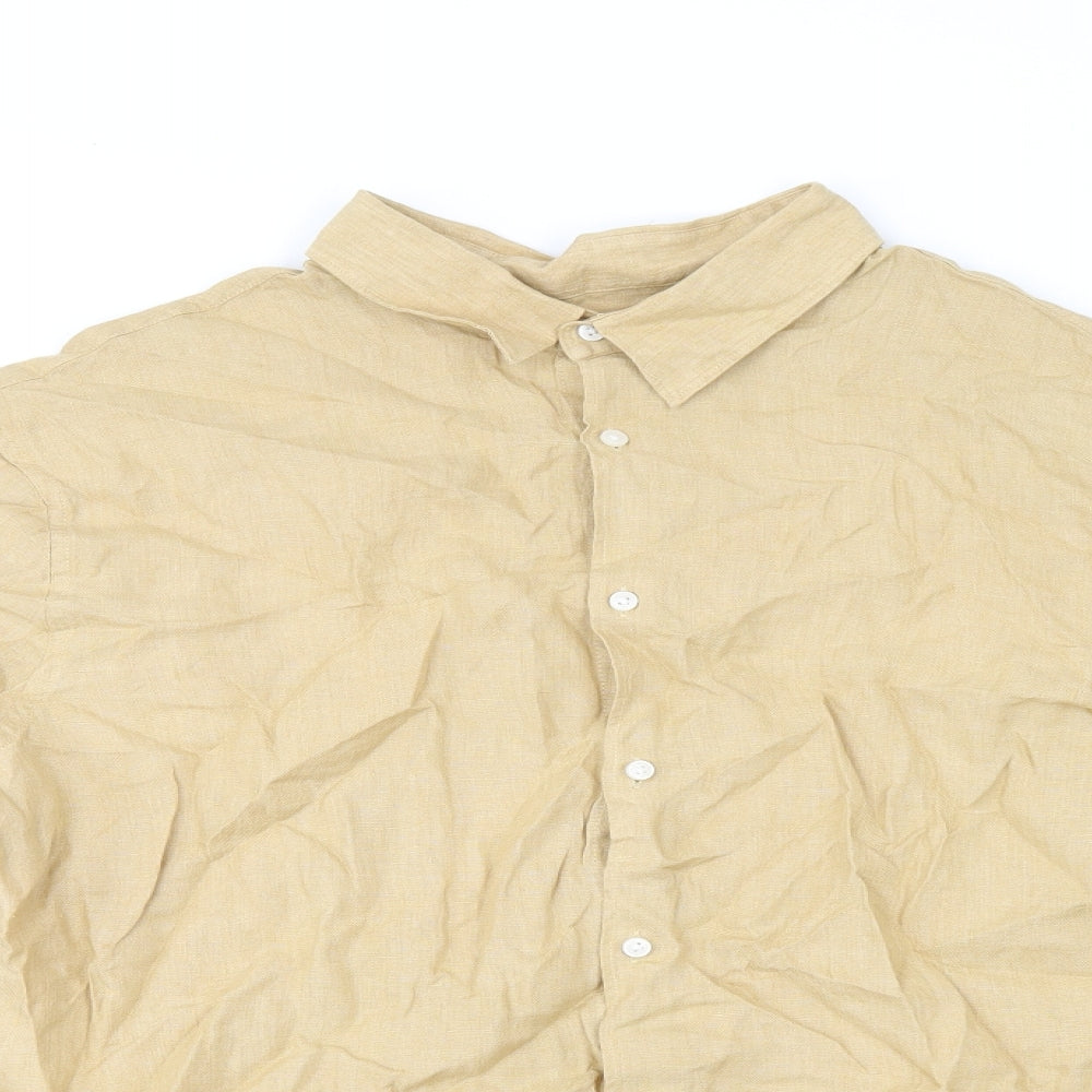 Marks and Spencer Mens Beige Linen Button-Up Size XL Collared Button