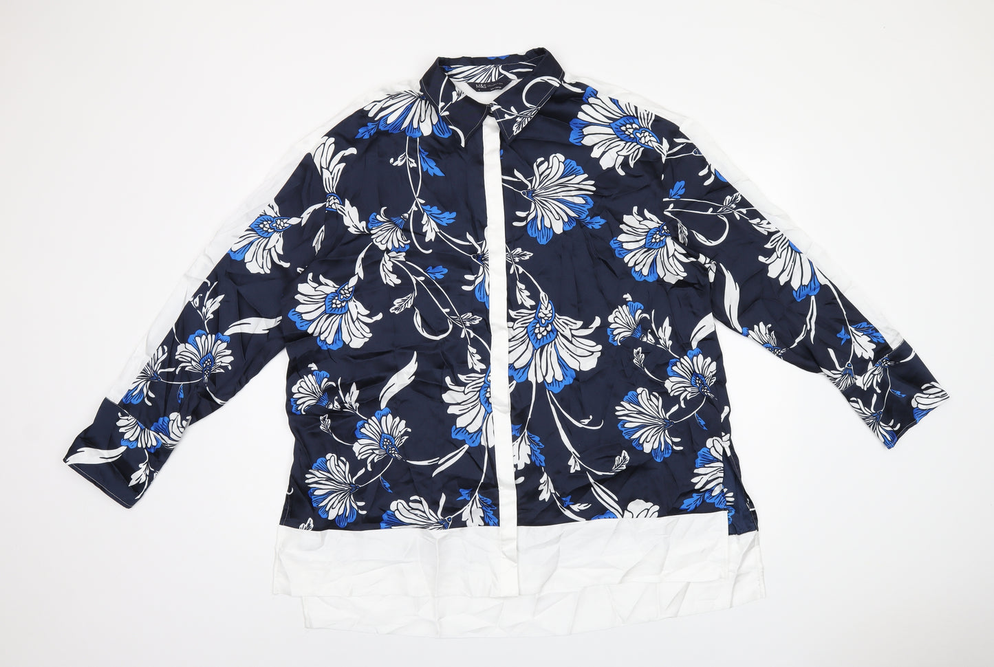 Marks and Spencer Womens Blue Floral Polyester Basic Button-Up Size 18 Collared