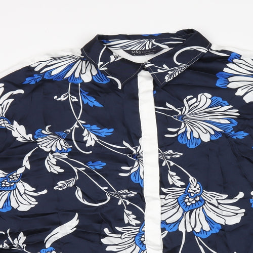 Marks and Spencer Womens Blue Floral Polyester Basic Button-Up Size 18 Collared