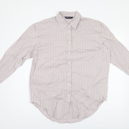 Marks and Spencer Womens Grey Striped Cotton Basic Button-Up Size 10 Collared