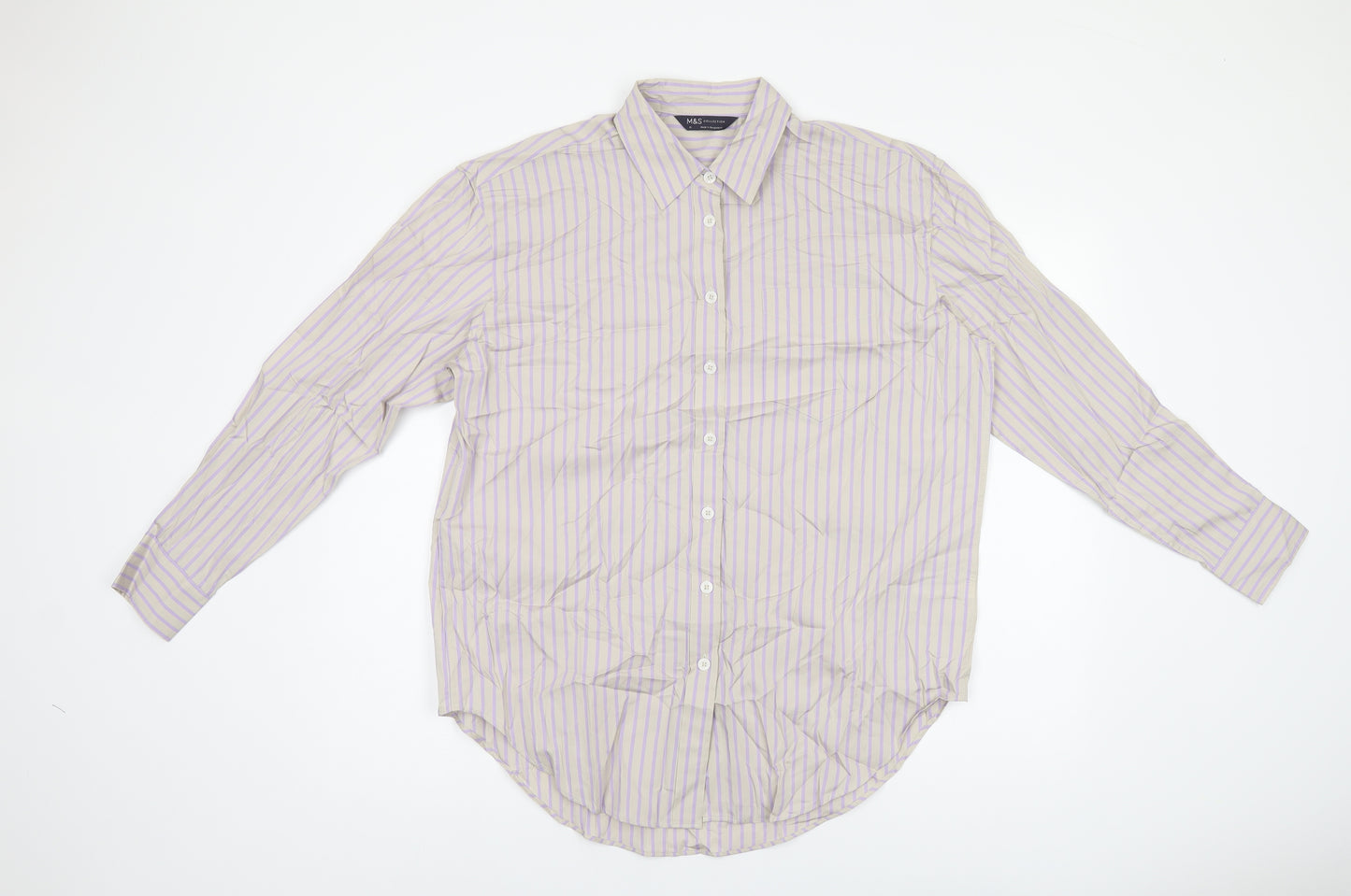 Marks and Spencer Womens Grey Striped Cotton Basic Button-Up Size 10 Collared