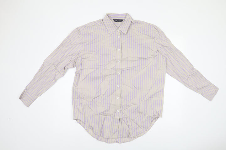 Marks and Spencer Womens Grey Striped Cotton Basic Button-Up Size 10 Collared