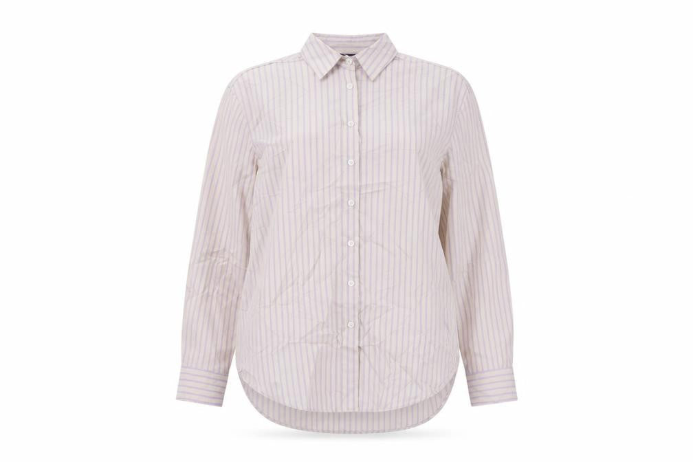 Front view of Marks & Spencer women’s grey striped cotton basic button-up, size UK 10, collared