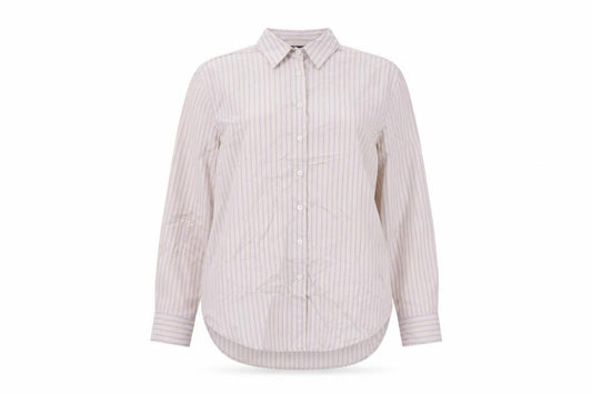 Front view of Marks & Spencer women’s grey striped cotton basic button-up, size UK 10, collared