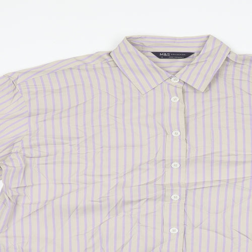 Marks and Spencer Womens Grey Striped Cotton Basic Button-Up Size 10 Collared