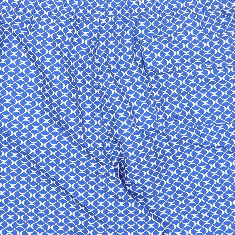 Marks and Spencer Mens Blue Geometric Polyester Bermuda Shorts Size 3XL L6 in Regular Drawstring - Swim Shorts