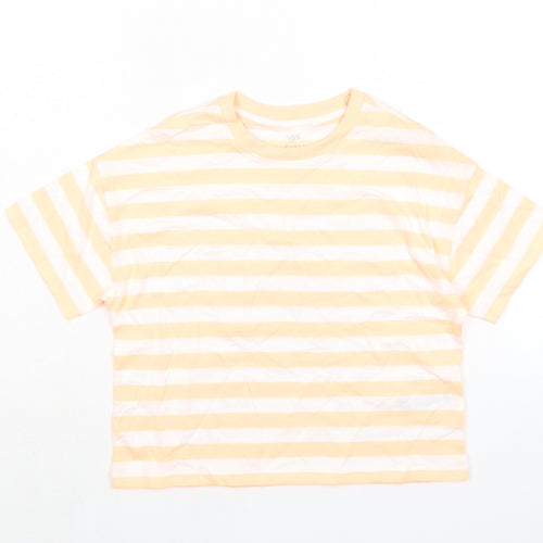 Marks and Spencer Boys Orange Striped Cotton Basic T-Shirt Size 8-9 Years Round Neck Pullover