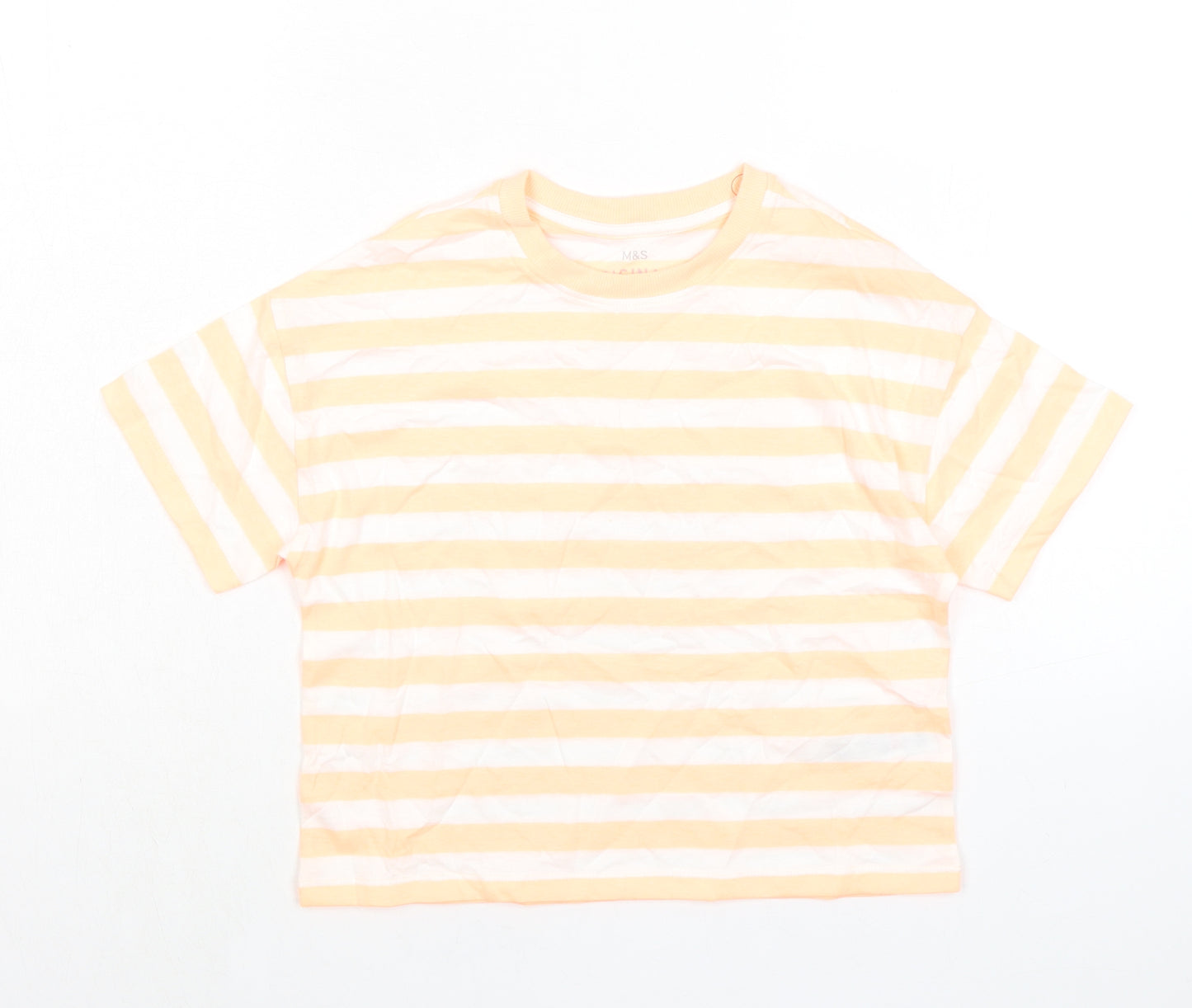 Marks and Spencer Boys Orange Striped Cotton Basic T-Shirt Size 8-9 Years Round Neck Pullover