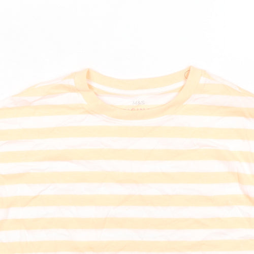 Marks and Spencer Boys Orange Striped Cotton Basic T-Shirt Size 8-9 Years Round Neck Pullover