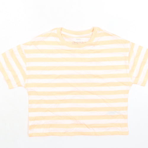 Marks and Spencer Girls Orange Striped Cotton Basic T-Shirt Size 7-8 Years Round Neck Pullover