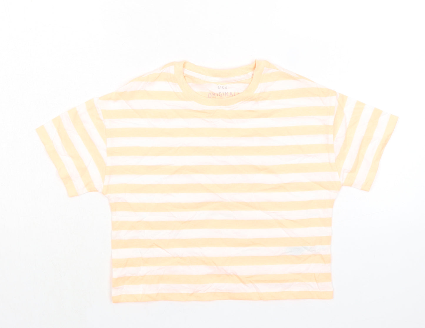 Marks and Spencer Girls Orange Striped Cotton Basic T-Shirt Size 7-8 Years Round Neck Pullover