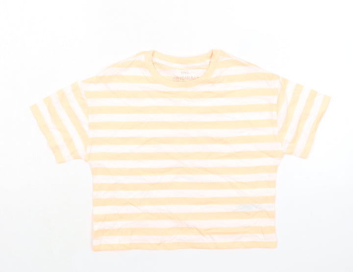 Marks and Spencer Girls Orange Striped Cotton Basic T-Shirt Size 7-8 Years Round Neck Pullover