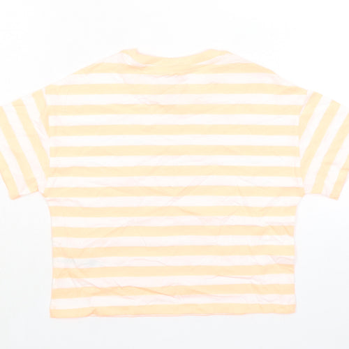 Marks and Spencer Girls Orange Striped Cotton Basic T-Shirt Size 7-8 Years Round Neck Pullover
