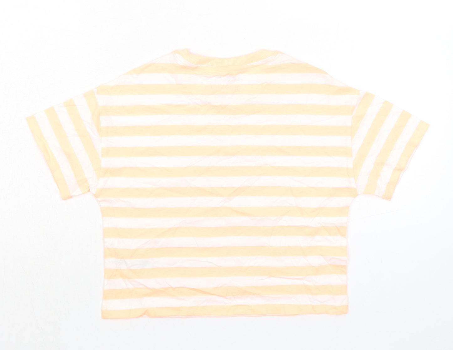Marks and Spencer Girls Orange Striped Cotton Basic T-Shirt Size 7-8 Years Round Neck Pullover