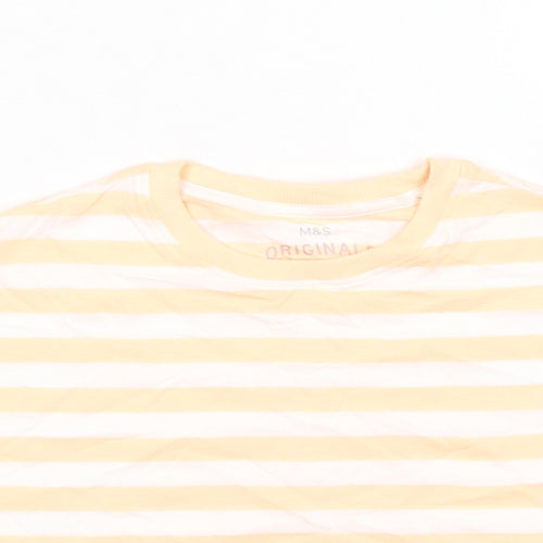 Marks and Spencer Girls Orange Striped Cotton Basic T-Shirt Size 7-8 Years Round Neck Pullover