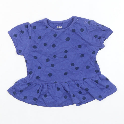 Marks and Spencer Girls Blue Spotted 100% Cotton Basic T-Shirt Size 9-12 Months Round Neck