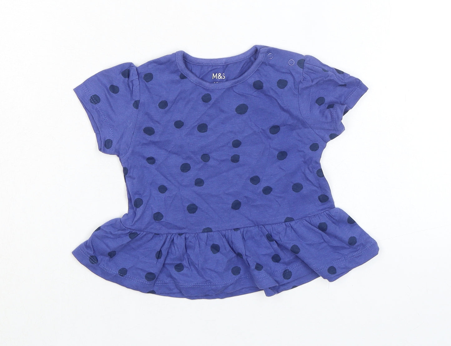 Marks and Spencer Girls Blue Spotted 100% Cotton Basic T-Shirt Size 9-12 Months Round Neck