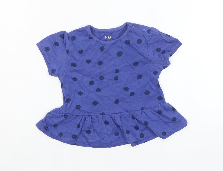 Marks and Spencer Girls Blue Spotted 100% Cotton Basic T-Shirt Size 9-12 Months Round Neck