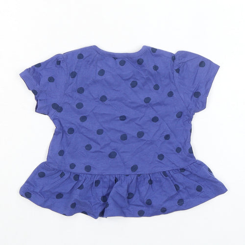 Marks and Spencer Girls Blue Spotted 100% Cotton Basic T-Shirt Size 9-12 Months Round Neck